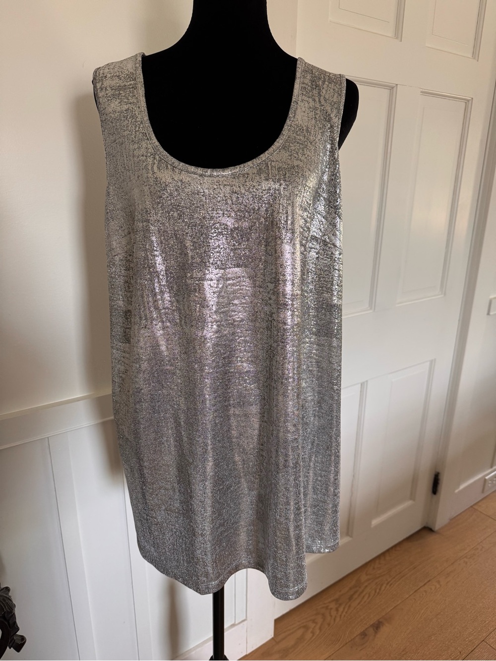 Roaman's Silver Metallic Knit Top with Black Trim